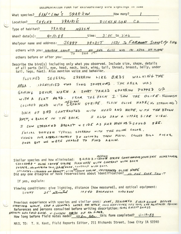 Rare bird documentation form for a Henslow's Sparrow at Cayler Prairie in Dickinson County, IA on April 17, 1988.