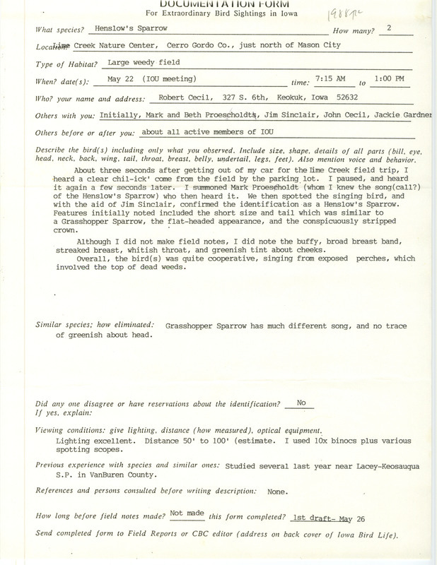 Rare bird documentation form for two Henslow's Sparrows at Lime Creek Nature Center north of Mason City in Cerro Gordo County, IA on May 22, 1988.