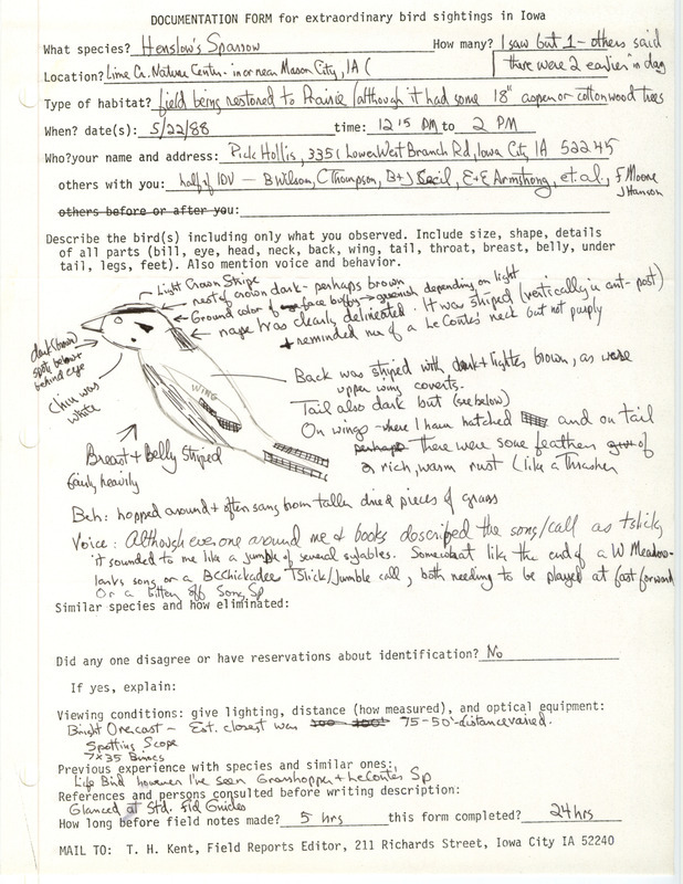 Rare bird documentation form for a Henslow's Sparrow at Lime Creek Nature Center near Mason City in Cerro Gordo County, IA on May 22, 1988.