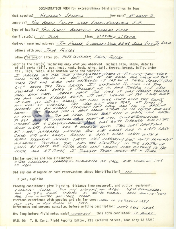 Rare bird documentation form for two or more Henslow's Sparrows near Lacey-Keosauqua State Park in Van Buren County, IA on July 11, 1988.