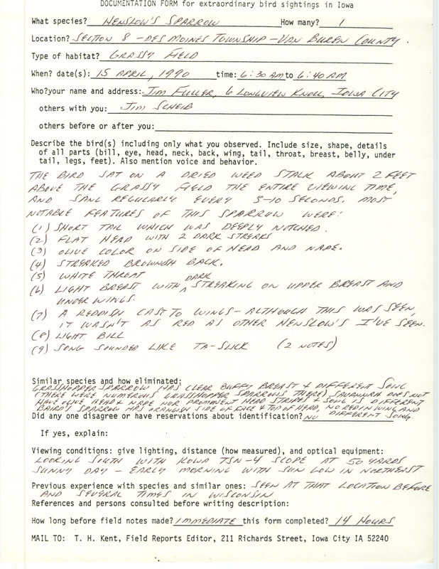 Rare bird documentation form for a Henslow's Sparrow at Des Moines Township in Van Buren County, IA on April 15, 1990.