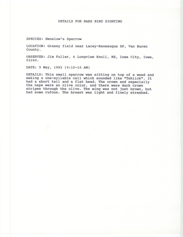 Rare bird documentation form for a Henslow's Sparrow near Lacey-Keosauqua State Park in Van Buren County, IA on May 9, 1992.