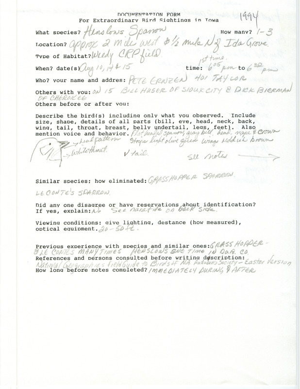 Rare bird documentation form for one to three Henslow's Sparrows west and north of Ida Grove in Ida County, IA on August 10, 14, and 15, 1994.