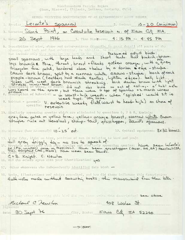 Rare bird documentation form for ten to twenty minimum LeConte's Sparrows at Sand Point in Coralville Reservoir in Johnson County, IA on September 26, 1976.