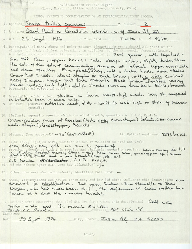 Rare bird documentation form for two Sharp-tailed Sparrows at Sand Point in Coralville Reservoir in Johnson County, IA on September 26, 1976.