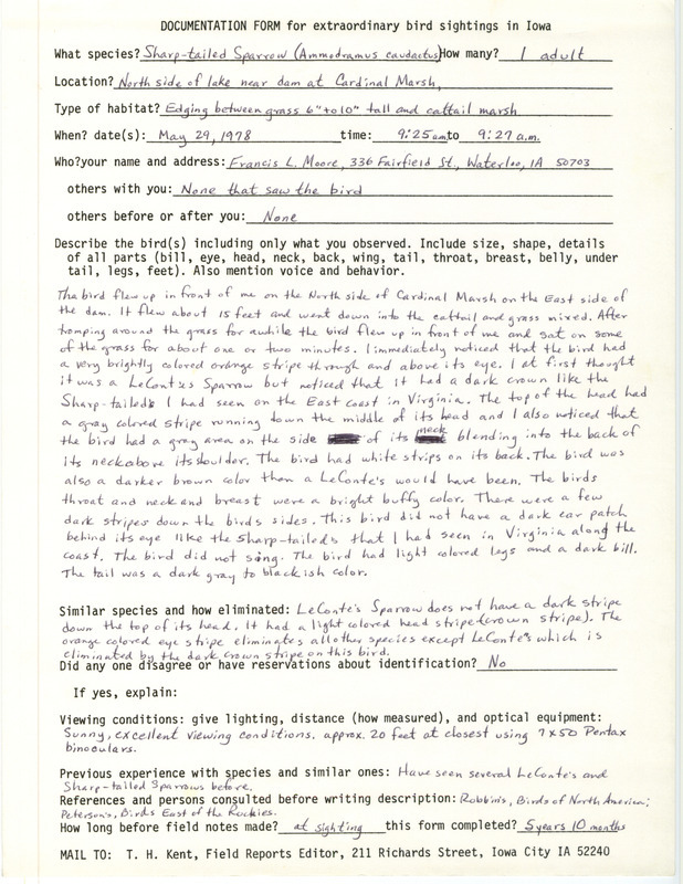 Rare bird documentation form for a Sharp-tailed Sparrow at Cardinal March in Winneshiek County, IA on May 29, 1978.