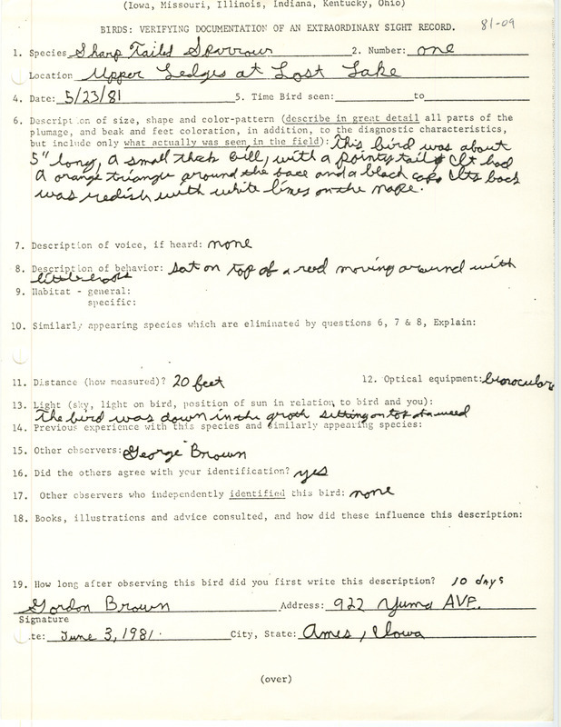 Rare bird documentation form for a Sharp-tailed Sparrow at Lost Lake in Boone County, IA on May 23, 1981.