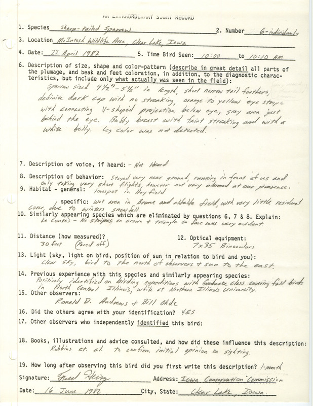 Rare bird documentation form for six Sharp-tailed Sparrows at McIntosh Wildlife Area near Clear Lake in Cerro Gordo County, IA on April 22, 1982.