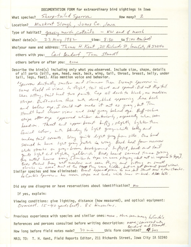 Rare bird documentation form for two Sharp-tailed Sparrows at Muskrat Slough in Jones County, IA on May 23, 1982.