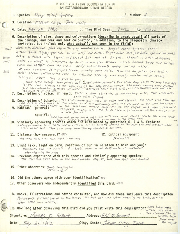 Rare bird documentation form for three Sharp-tailed Sparrows at Muskrat Slough in Jones County, IA on May 24, 1982.