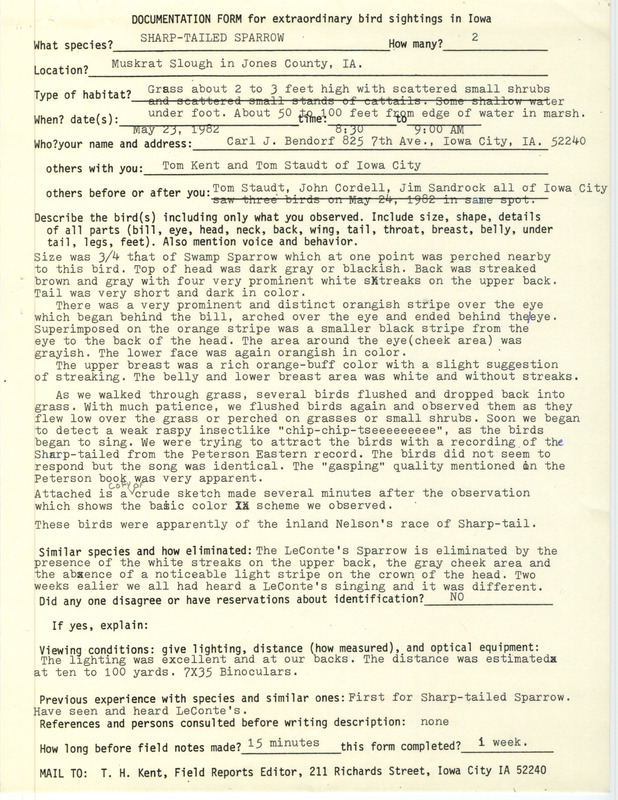 Rare bird documentation form for two Sharp-tailed Sparrows at Muskrat Slough in Jones County, IA on May 23, 1982.