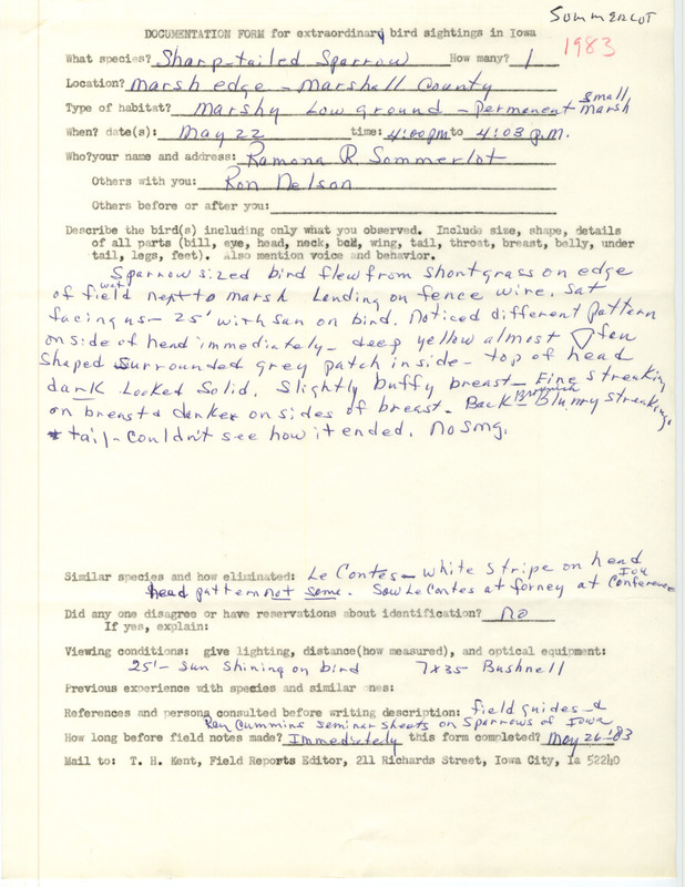 Rare bird documentation form for a Sharp-tailed Sparrow at Marshall County, IA on May 22, 1983.