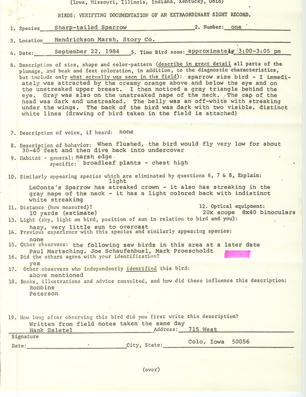 Rare bird documentation form for a Sharp-tailed Sparrow at Hendrickson March in Story County, IA on September 22, 1984.