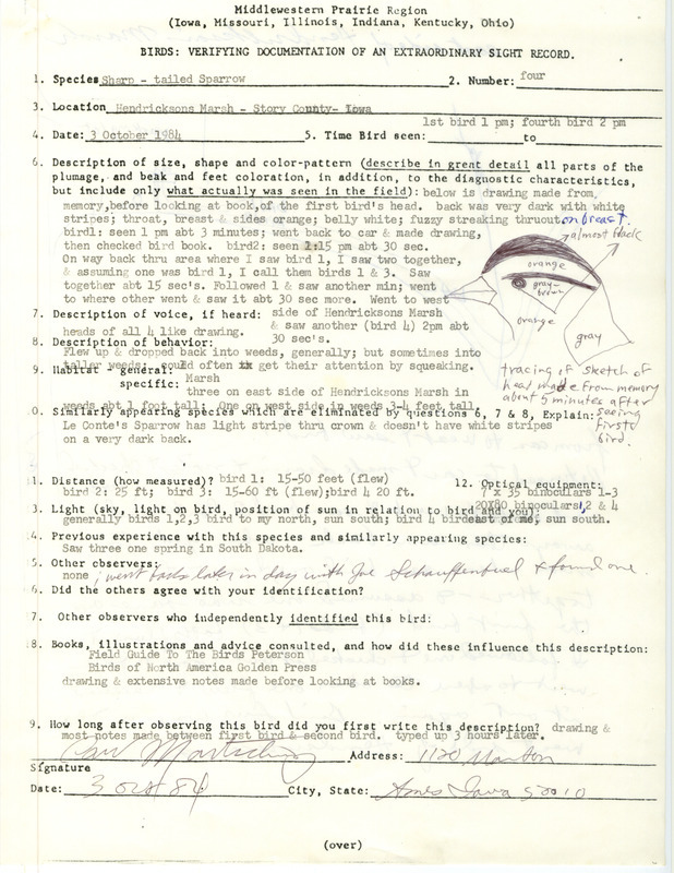 Rare bird documentation form for four Sharp-tailed Sparrows at Hendrickson March in Story County, IA on October 3, 1984.