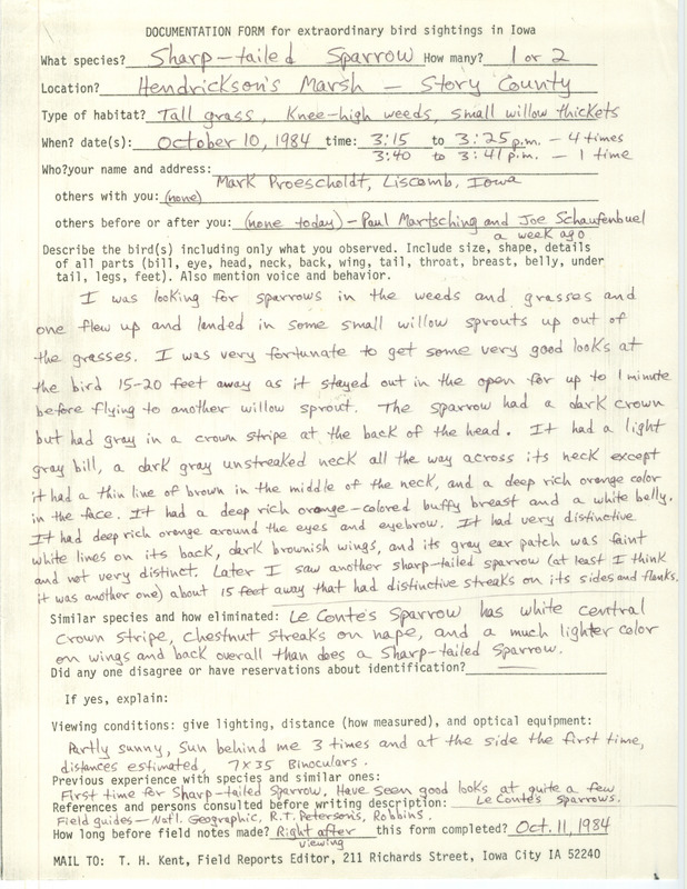 Rare bird documentation form for one or two Sharp-tailed Sparrows at Hendrickson March in Story County, IA on October 10, 1984.