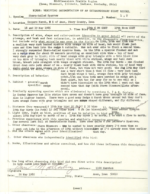 Rare bird documentation form for one or two Sharp-tailed Sparrows at Coopers March in Story County, IA on May 18 and 19, 1985.