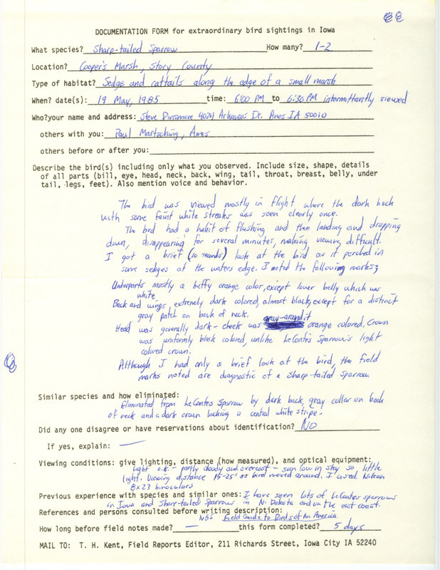 Rare bird documentation form for one to two Sharp-tailed Sparrows at Cooper's Prairie March in Story County, IA on May 19, 1985.