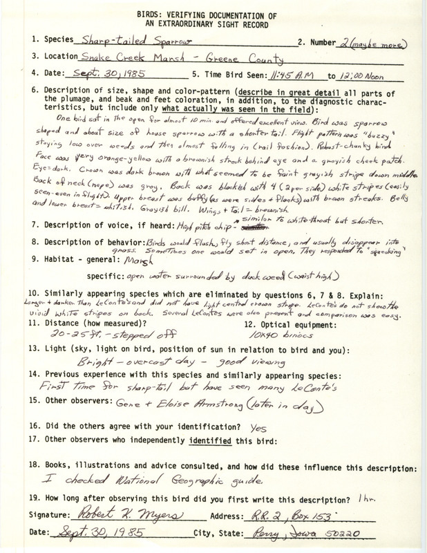 Rare bird documentation form for two or more Sharp-tailed Sparrows at Snake Creek March in Greene County, IA on September 30, 1985.