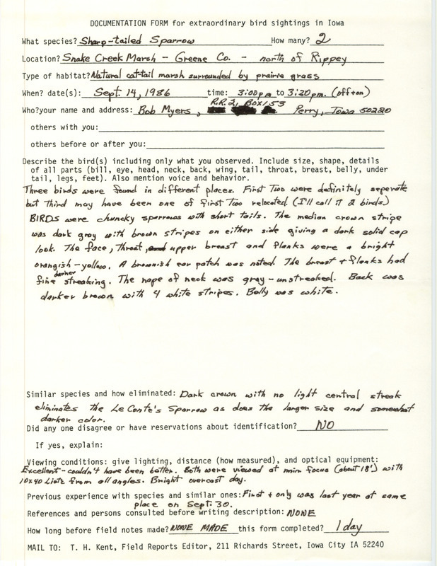 Rare bird documentation form for two Sharp-tailed Sparrows at Snake Creek March in Greene County, IA on September 14, 1986.