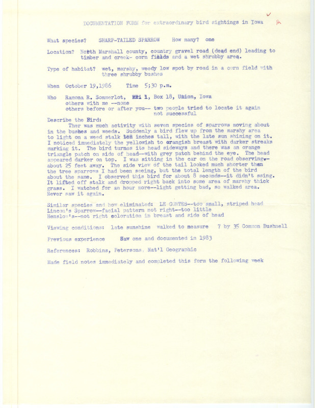 Rare bird documentation form for a Sharp-tailed Sparrow at North Marshall County, IA on October 19, 1986.