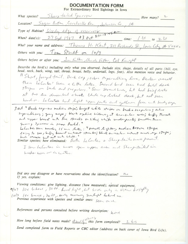 Rare bird documentation form for two Sharp-tailed Sparrows at Sugar Bottom Recreation Area at Coralville Reservoir in Johnson County, IA on September 27 and October 3, 1987.