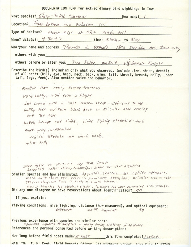 Rare bird documentation form for a Sharp-tailed Sparrow at Sugar Bottom Area in Johnson County, IA on September 30, 1987.