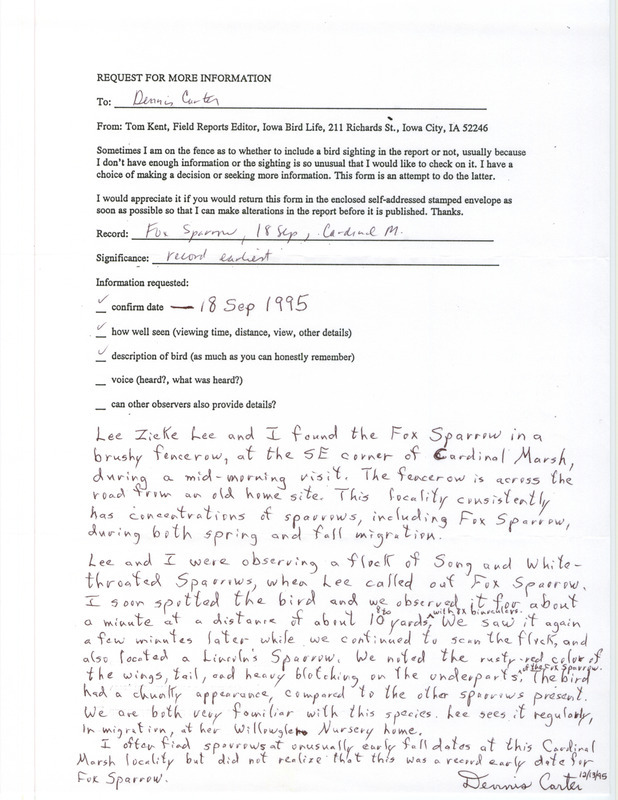 Rare bird documentation form for a Fox Sparrow at Cardinal March in Winneshiek County, IA on September 18, 1995.