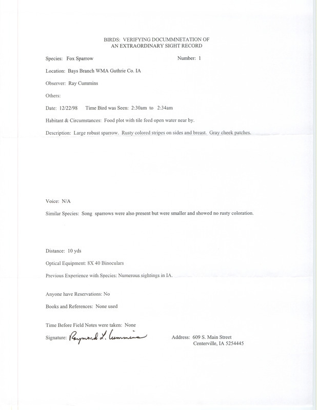 Rare bird documentation form for a Fox Sparrow at Bays Branch Wildlife Management Area in Guthrie County, IA on December 22, 1998.