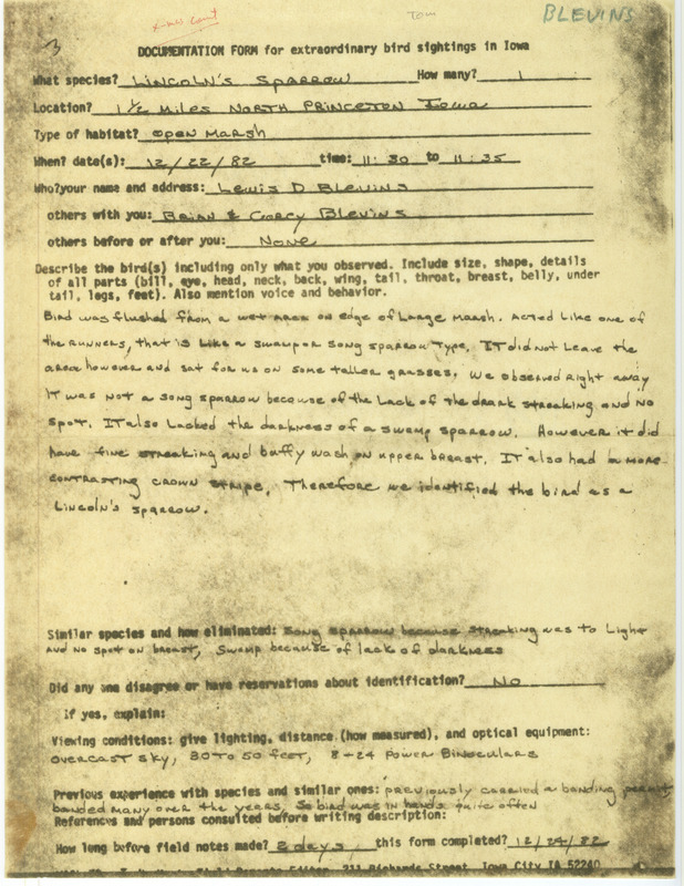 Rare bird documentation form for a Lincoln's Sparrow north of Princeton in Scott County, IA on December 22, 1982.