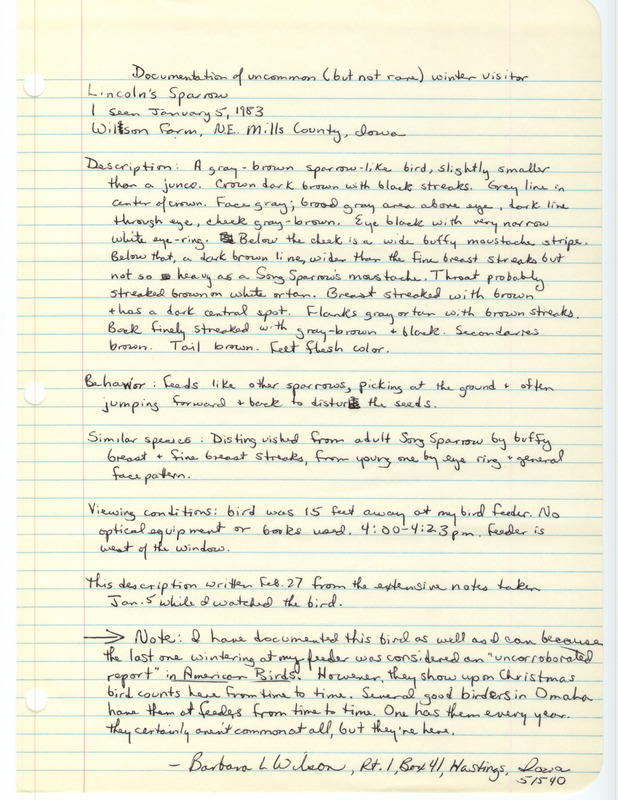 Rare bird documentation form for a Lincoln's Sparrow northwest of Hastings in Mills County, IA on January 5, 1983.