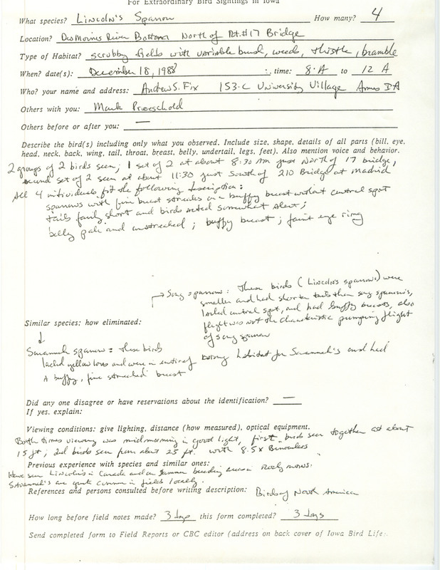 Rare bird documentation form for four Lincoln's Sparrows north of the IA 17 bridge near Saylorville Reservoir in Polk County, IA on December 18, 1988.