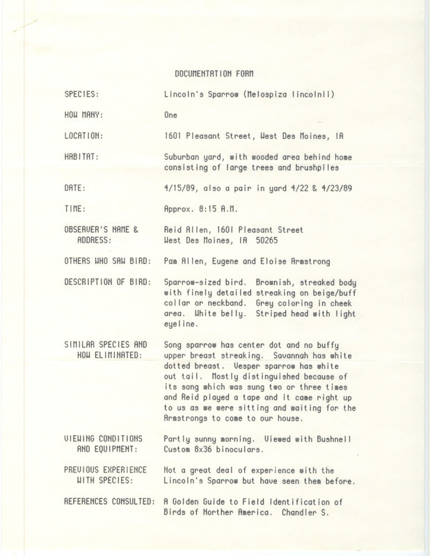 Rare bird documentation form for a Lincoln's Sparrow at West Des Moines in Polk County, IA on April 15, 22, and 23, 1989.