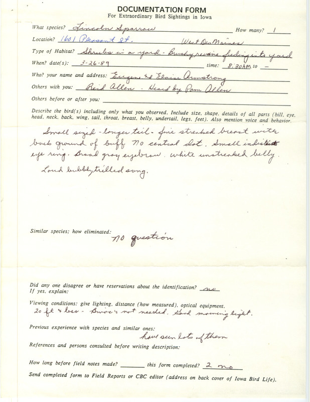 Rare bird documentation form for a Lincoln's Sparrow at West Des Moines in Polk County, IA on March 26, 1989.