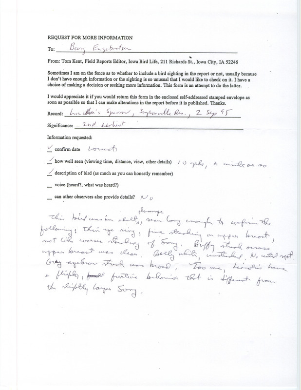 Form filled out by Bery Engebretsen providing additional information about a Lincoln's Sparrow sighting at Saylorville Reservoir in Polk County, IA on September 2, 1995.