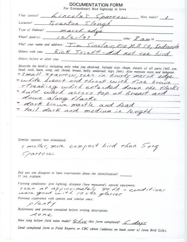 Rare bird documentation form for a Lincoln's Sparrow at Brenton Slough in Polk County, IA on December 21, 1997.