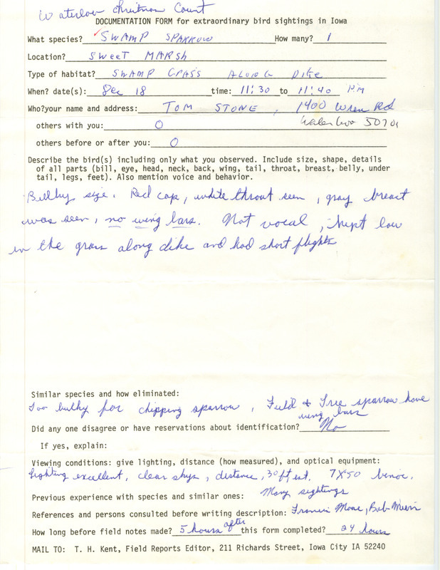 Rare bird documentation form for a Swamp Sparrow at Sweet March in Bremer County, IA on December 18, unknown year.