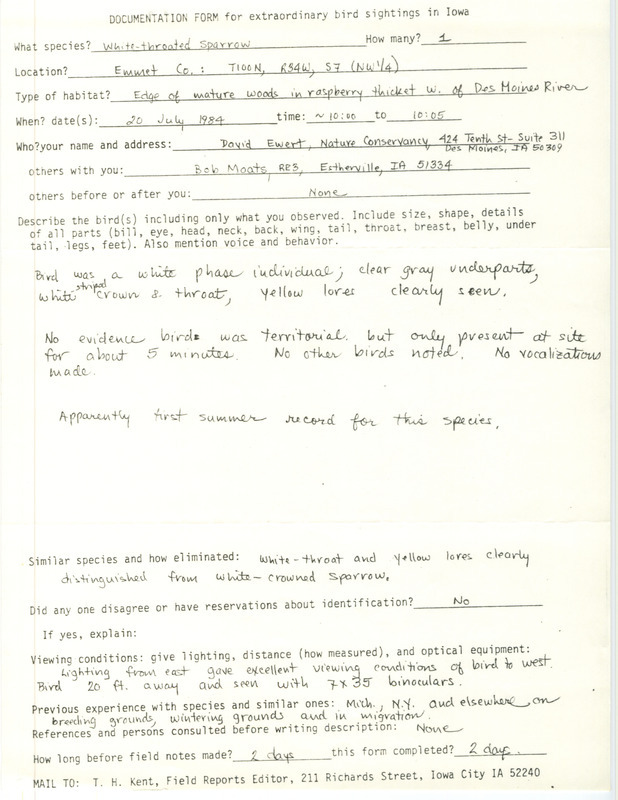 Rare bird documentation form for a White-throated Sparrow at Emmet Township in Emmet County, IA on July 20, 1984.