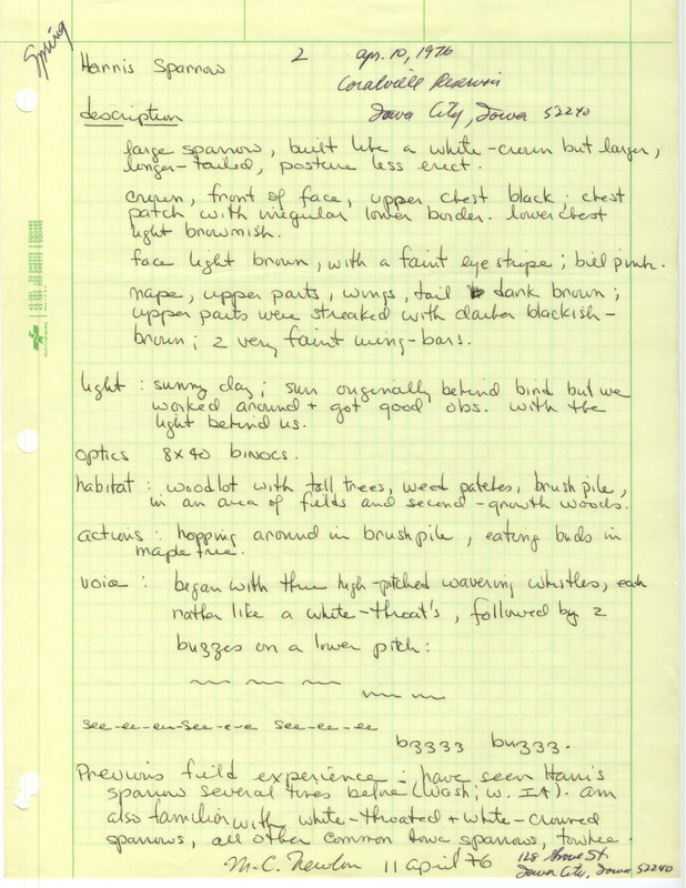 Rare bird documentation form for two Harris' Sparrows at Coralville Reservoir in Johnson County, IA on April 10, 1976.