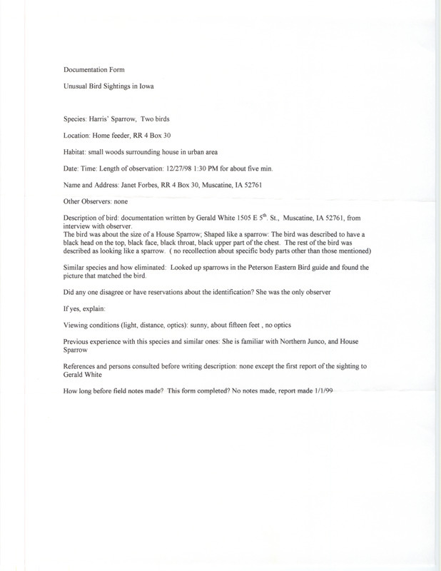 Rare bird documentation form for two Harris' Sparrows north of Muscatine in Muscatine County, IA on December 27, 1998.