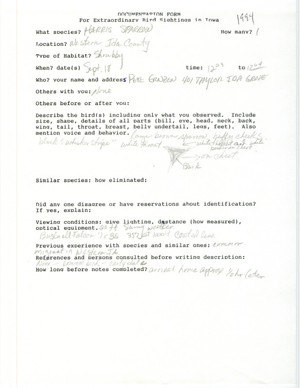 Rare bird documentation form for a Harris' Sparrow in western Ida County, IA on September 18, 1994.