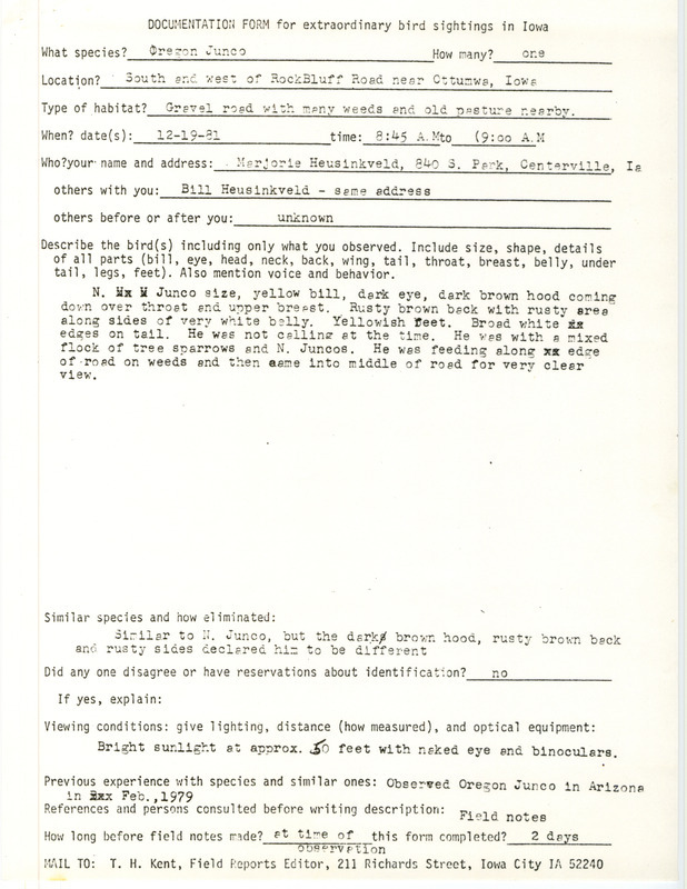 Rare bird documentation form for a Dark-eyed Junco near Ottumwa in Wapello County, IA on December 19, 1981.