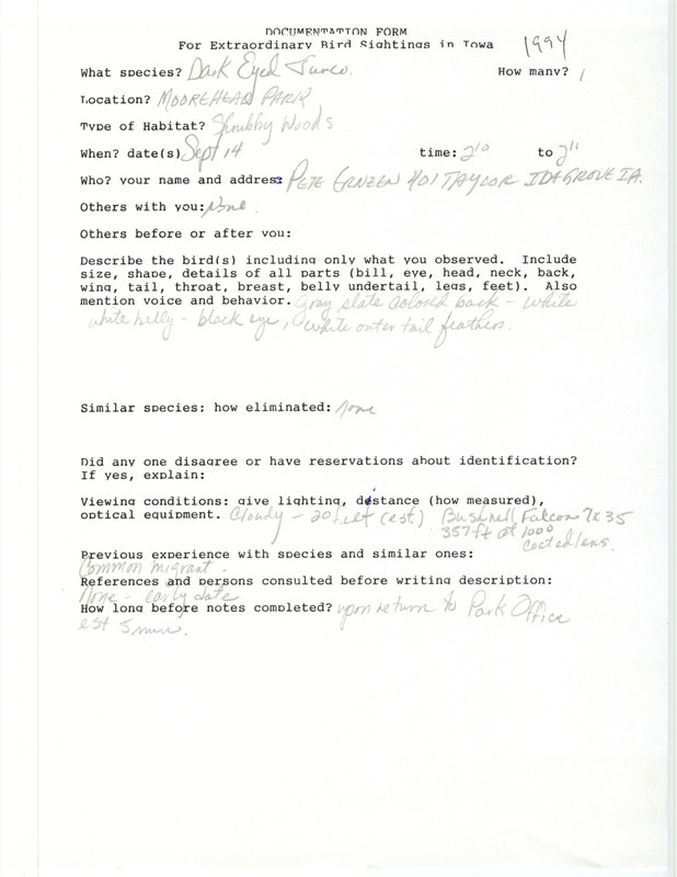 Rare bird documentation form for a Dark-eyed Junco at Moorehead Pioneer Park in Ida County, IA on September 14, 1994.