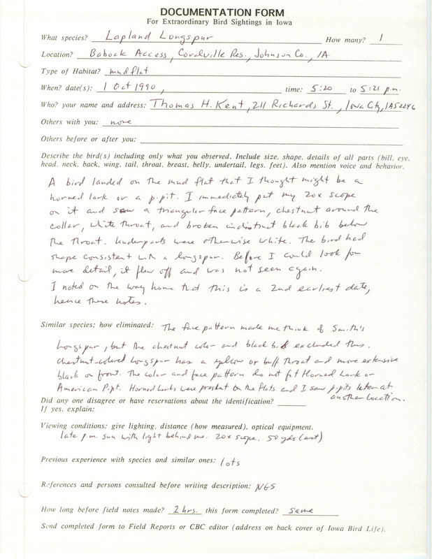 Rare bird documentation form for a Lapland Longspur at Babcock Access at Hawkeye Wildlife Area in Johnson County, IA on October 1, 1990.