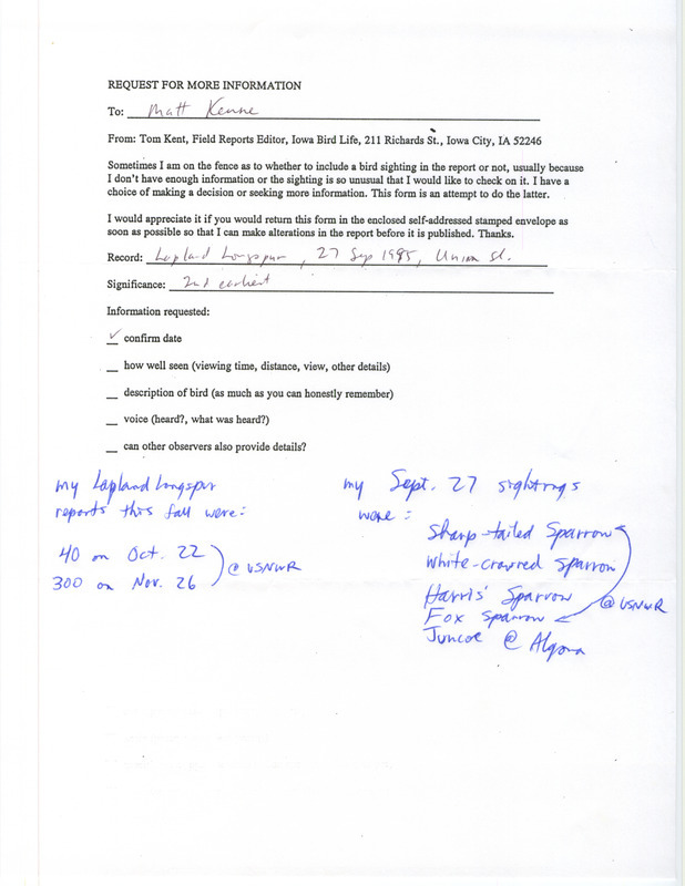 Request for more information form filled out by Matt Kenne regarding a Lapland Longspur sighting at Union Slough in Kossuth County, IA on September 27, 1995. The document includes information about additional bird sightings at Union Slough.