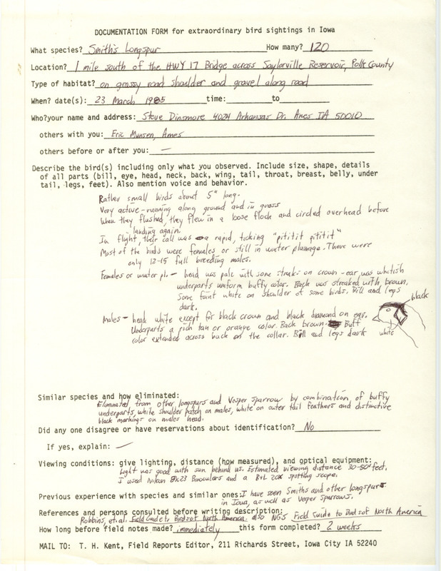 Rare bird documentation form for one hundred twenty Smith's Longspurs south of the IA 17 bridge near Saylorville Reservoir in Polk County, IA on March 23, 1985.