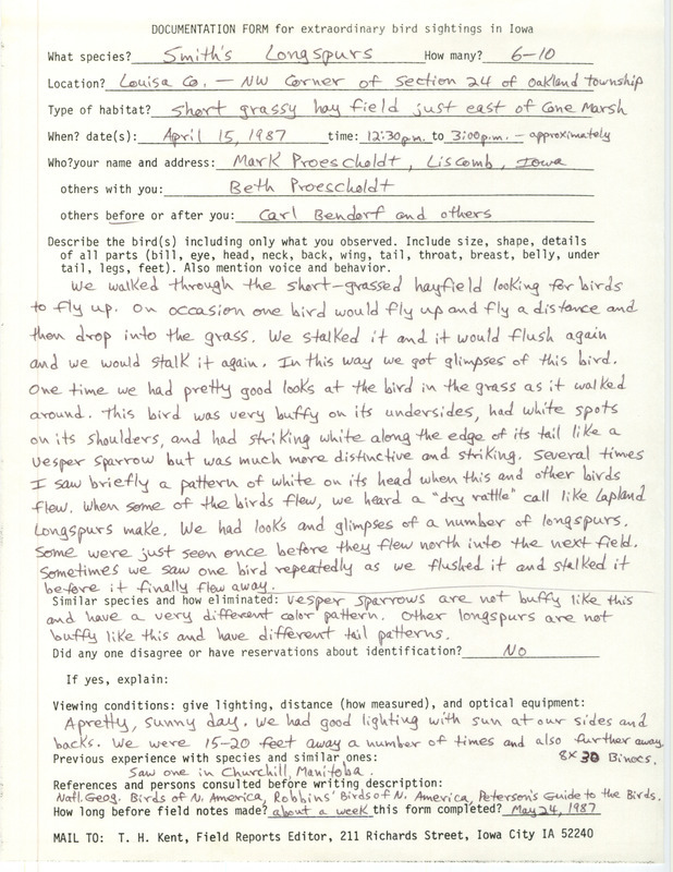 Rare bird documentation form for six to ten Smith's Longspurs at Oakland Township in Louisa County, IA on April 15, 1987.