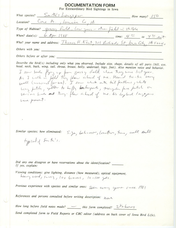 Rare bird documentation form for one hundred fifty Smith's Longspurs at Cone March in Louisa County, IA on April 6, 1988.