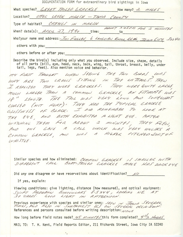 Rare bird documentation form for two Great-tailed Grackles at Otter Creek March in Tama County, IA on April 27, 1990.