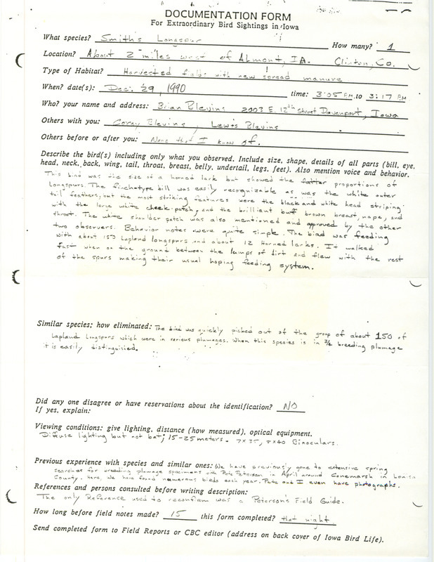 Rare bird documentation form for a Smith's Longspur west of Almont in Clinton County, IA on December 29, 1990. Attached to the documentation is a note from the IOU about its review status by the records committee.