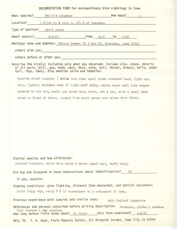 Rare bird documentation form for a Smith's Longspur northeast of Larrabee in Cherokee County, IA on March 4, 1992.